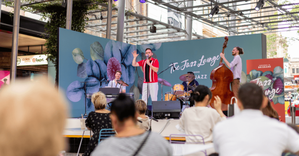 A band performing at Queen Street Ball in Brisbane City.