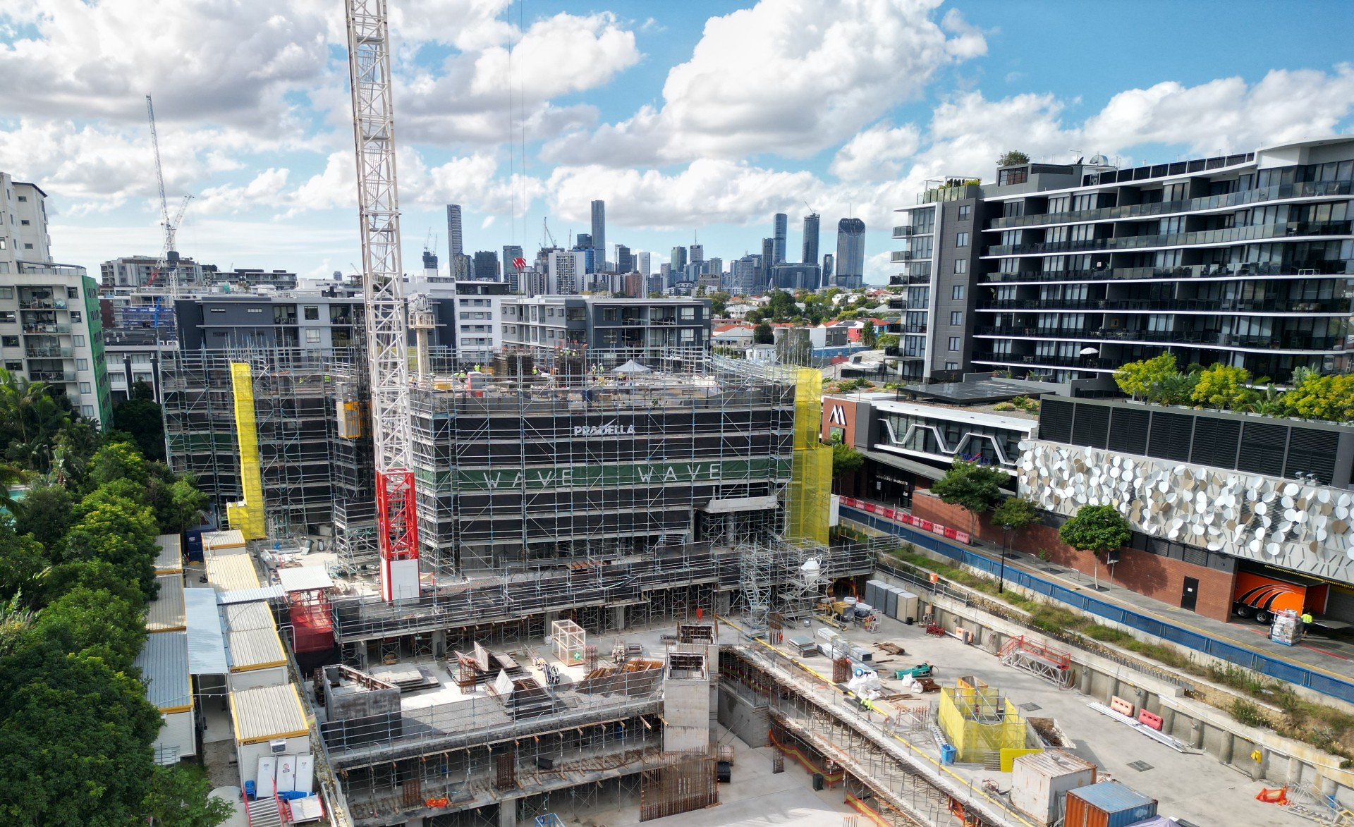 A bird's eye view of construction at The Lanes in West End.