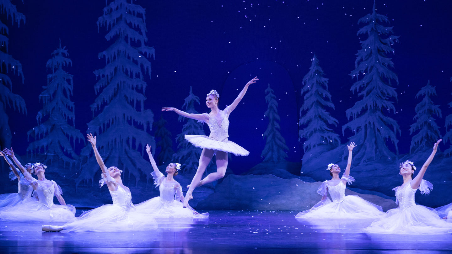 Ballerina's on stage performing a dance.