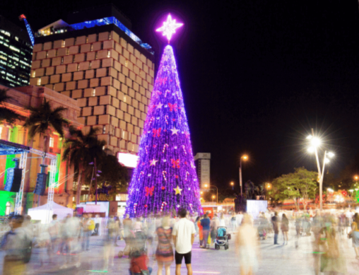 A large Christmas tree lit up in Brisbane City.