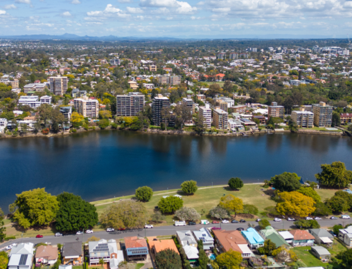 An aerial view of West End and the Brisbane River.