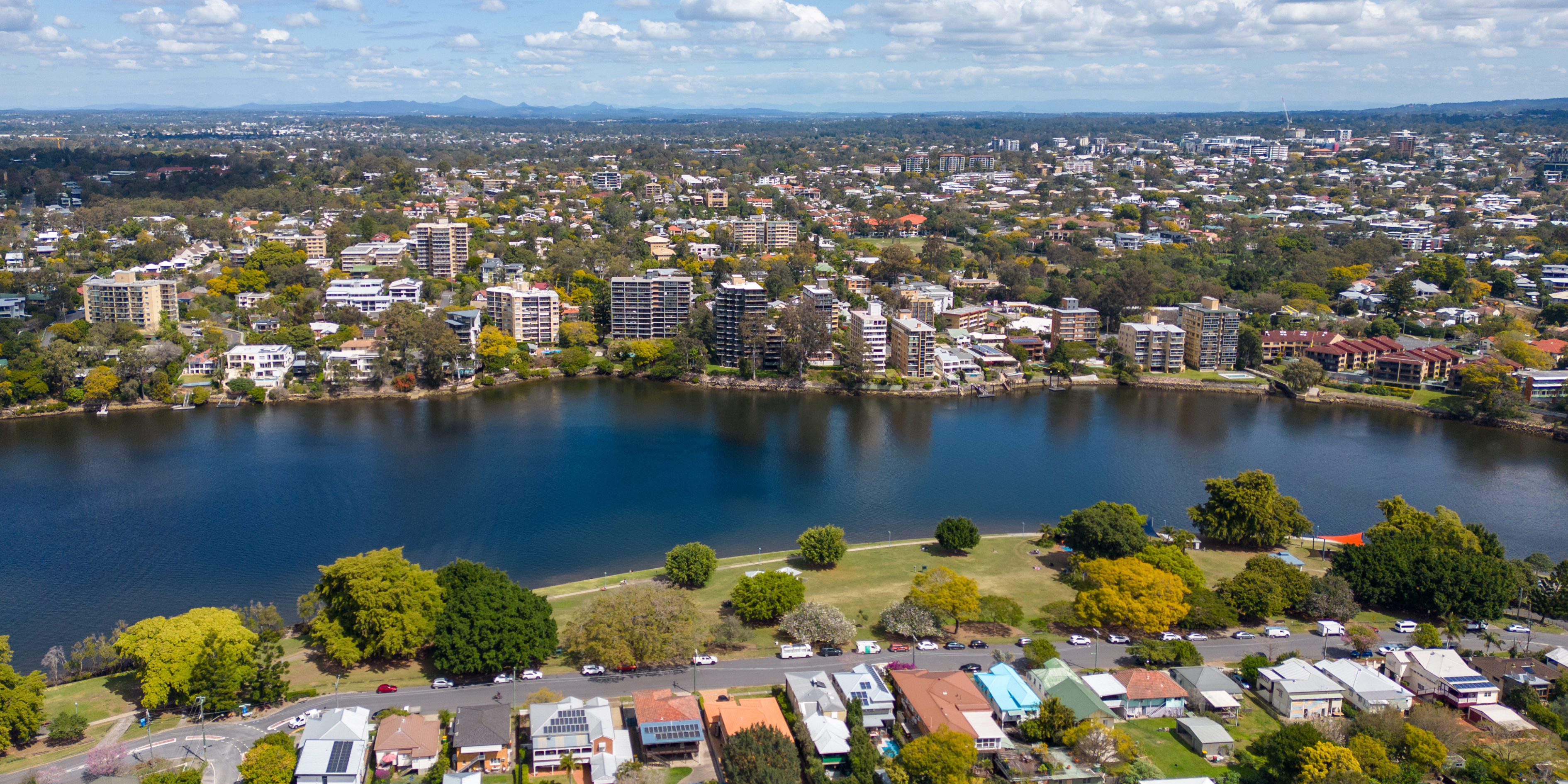 An aerial view of West End and the Brisbane River.